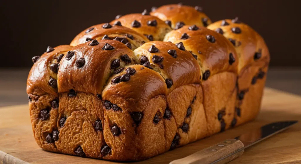 Golden-brown braided brioche loaf studded with melted chocolate chips, resting on a wooden board, surrounded by scattered chocolate chips and a knife for slicing