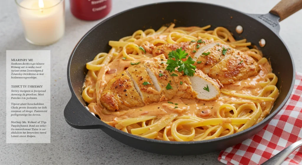 Easy Marry Chicken Pasta Recipe: A One-Pot Wonder 5 Creamy Marry Me Chicken Pasta with tender chicken, sun-dried tomatoes, and fresh herbs, served in a white bowl for a romantic dinner idea