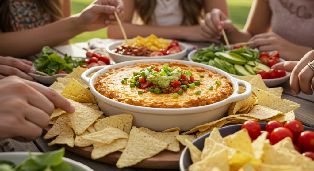 A creamy taco dip topped with shredded cheese, diced tomatoes, and green onions, served with tortilla chips on the side