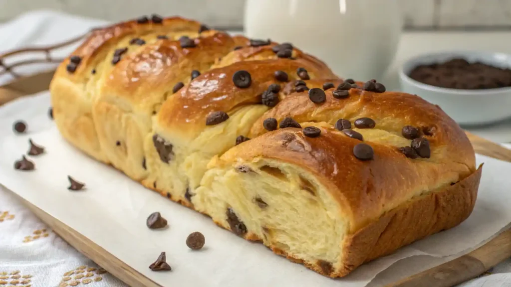 How to Make Chocolate Chip Brioche 3 Golden-brown Chocolate Chip Brioche Bread loaf fresh from the oven, showing a soft, fluffy texture and melted chocolate chips.