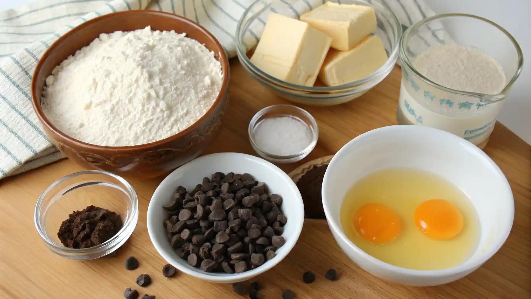 How to Make Chocolate Chip Brioche 2 Ingredients for homemade Chocolate Chip Brioche Bread, including flour, eggs, butter, milk, sugar, yeast, vanilla extract, and chocolate chips arranged on a kitchen counter.