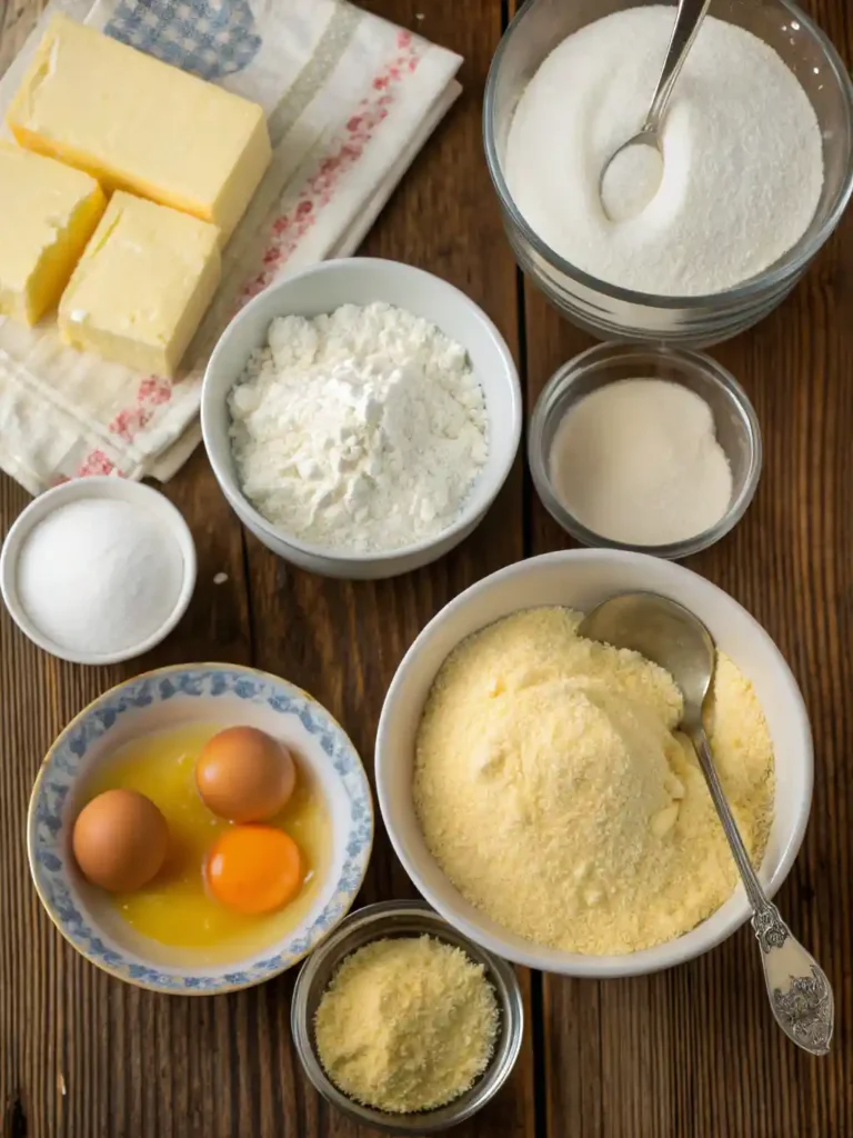 Cornbread Breakfast Quick Delicious Recipe to Start Your Day 2 Flat lay of cornbread breakfast ingredients including cornmeal, eggs, milk, butter, shredded cheese, sausage, green onions, and spices on a rustic wooden surface.