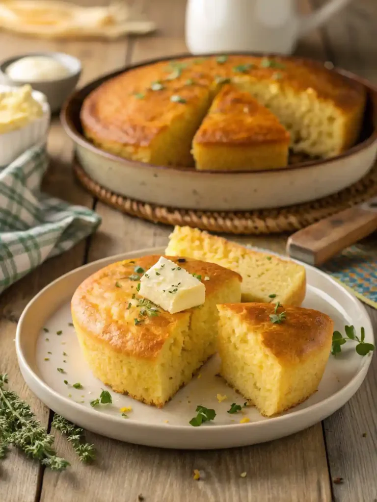 Cornbread Breakfast Quick Delicious Recipe to Start Your Day 3 Close up of a warm cornbread breakfast served on a plate with eggs, sausage, and a drizzle of honey, set on a rustic table with a hot coffee mug in the background.