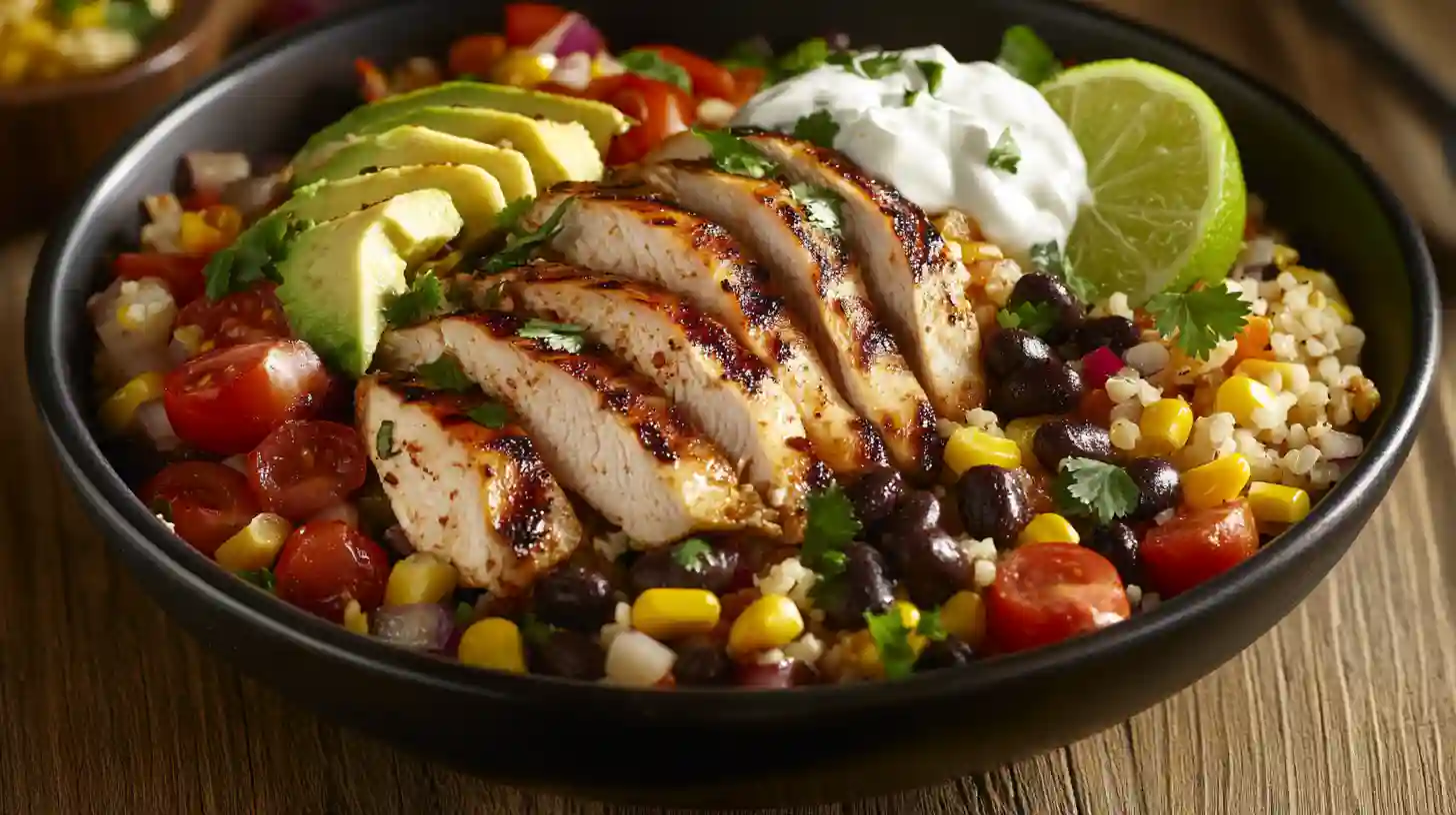 Mexican Grilled Chicken Bowl - Healthy Fitness Meals 2025 4 A colorful Mexican Grilled Chicken Bowl with grilled chicken, rice, black beans, avocado, tomatoes, corn, and Greek yogurt, garnished with lime and cilantro