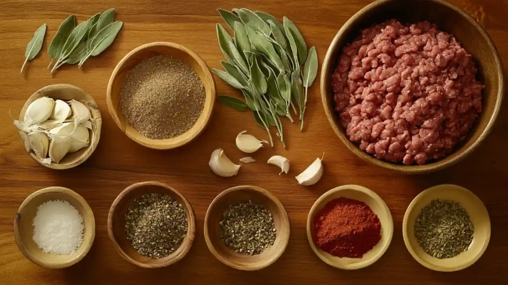 Beef Breakfast Sausage 2 Flat lay of fresh ground beef, small bowls of spices (sage, basil, black pepper, onion powder, marjoram, red pepper flakes, and brown sugar), and a wooden spoon mixing them in a bowl. A rustic wooden table enhances the homemade feel.