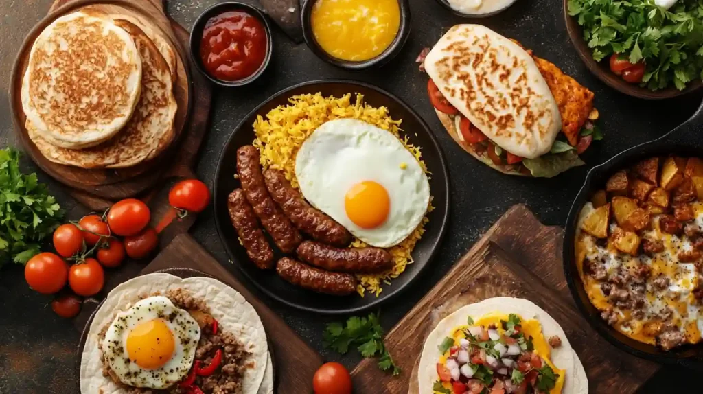Beef Breakfast Sausage 4 A comforting breakfast scene featuring a plate of beef sausage patties, scrambled eggs, and a slice of buttered toast, served with a steaming cup of coffee. Warm sunlight shines through a nearby window, creating a cozy morning atmosphere.