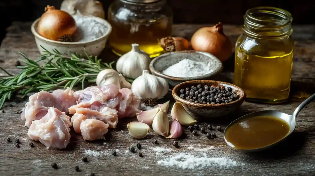 Chicken and Gravy Recipe 2 A rustic arrangement of fresh cooking ingredients on a wooden surface, including raw chicken pieces, fresh rosemary sprigs, garlic cloves, black peppercorns, flour, onions, olive oil in glass jars, and a spoonful of rich brown gravy