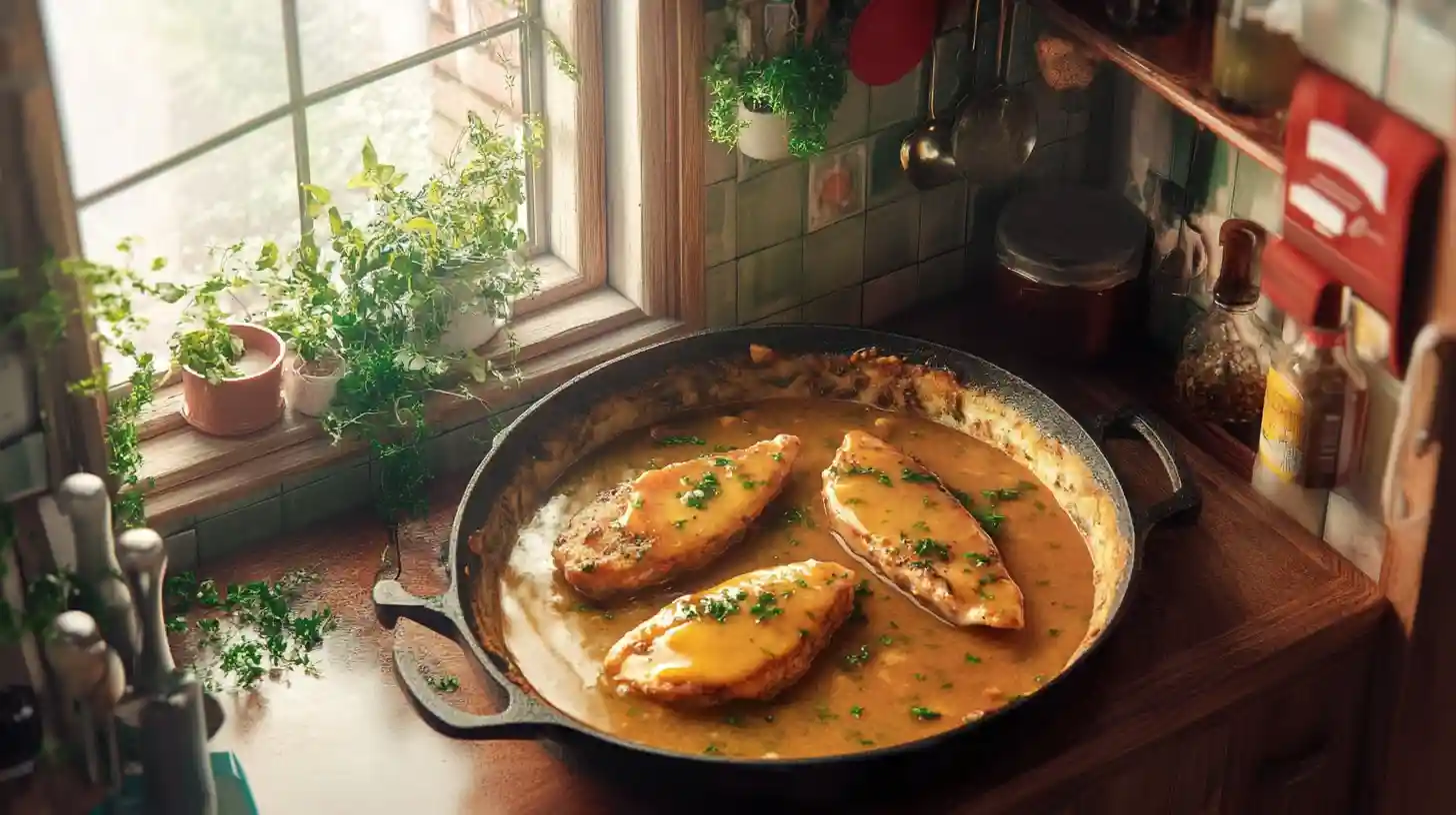 Chicken and Gravy Recipe 3 A cozy kitchen setting with a cast iron skillet on a wooden countertop, filled with golden-browned chicken breasts simmering in a creamy, rich gravy. Sunlight streams through a window adorned with potted herbs, creating a warm and rustic ambiance.