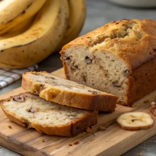 Best Bread Machine Banana Bread 4 Freshly baked banana bread with a golden brown crust, sliced on a wooden cutting board. The bread is moist with visible chocolate chips and nuts. In the background, ripe bananas rest on a checkered cloth beside a rustic knife, with dried banana slices and pecans scattered on the board.