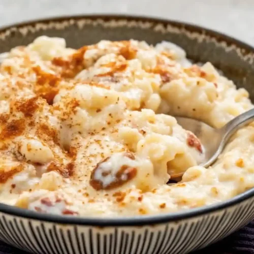 A close-up of creamy rice pudding in a rustic bowl, topped with cinnamon and raisins, on a wooden table with warm lighting.