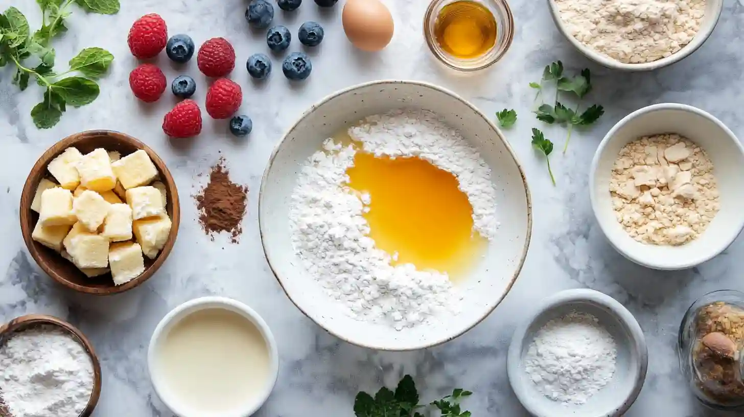 Easy Spanish Flan Authentic Spanish Dessert Made Stress-Free 3 Overhead view of baking ingredients including flour, butter cubes, egg, berries, cocoa powder, herbs, milk, and spices arranged on a marble surface.