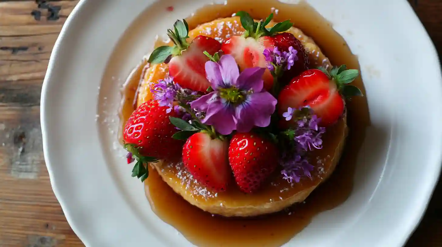 Easy Spanish Flan Authentic Spanish Dessert Made Stress-Free 4 Caramel flan topped with fresh strawberries and edible purple flowers, served on a white plate with caramel sauce.