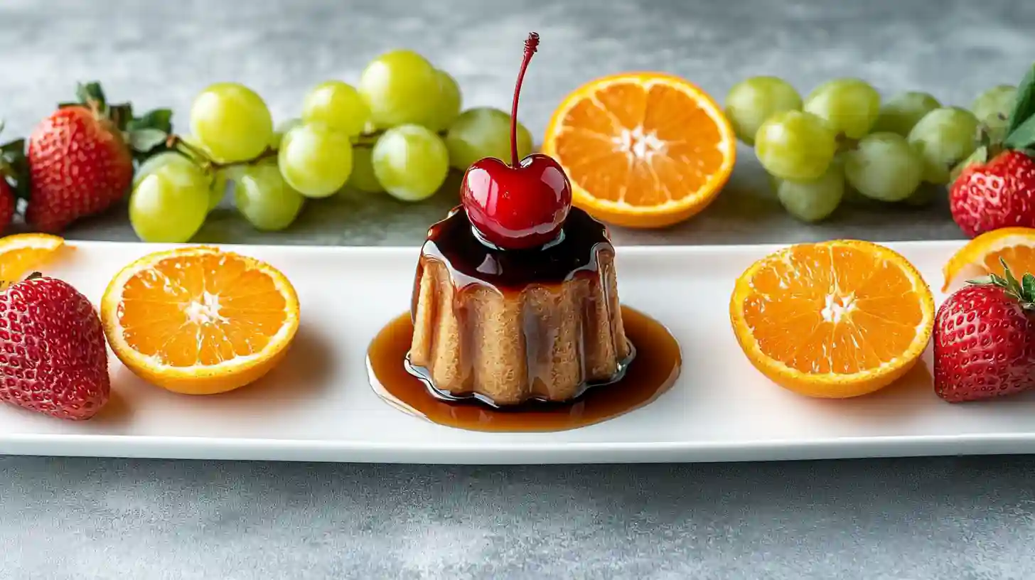 Easy Spanish Flan Authentic Spanish Dessert Made Stress-Free 2 Spanish flan topped with a cherry and caramel sauce, served on a white plate with strawberries, orange halves, and green grapes