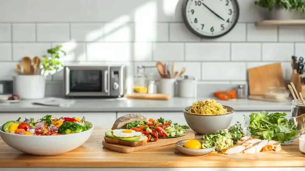 Quick Easy Dinner Recipes to Beat the Stress 3 Family dinner table with a variety of quick and easy meals including chili, shrimp stir-fry, salad, and roasted vegetables, evoking a stress-free mealtime.