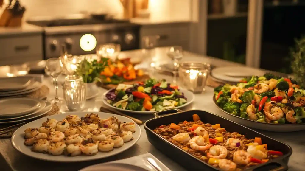 Quick Easy Dinner Recipes to Beat the Stress 2 Quick and easy 5-minute dinner recipes on a kitchen counter, featuring avocado toast, microwave pasta, veggie wrap, salad bowl, and rotisserie chicken.