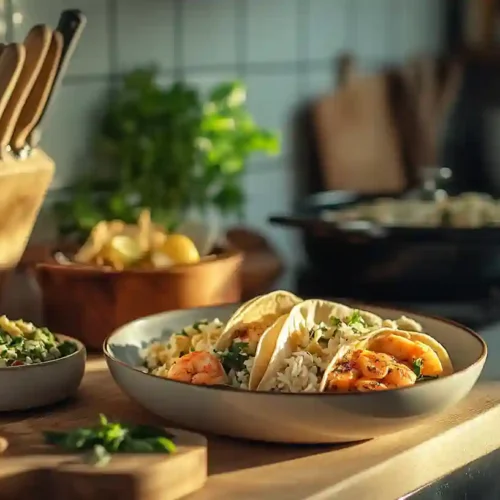 Quick Easy Dinner Recipes to Beat the Stress 4 Quick and easy 5-minute dinner recipes on a kitchen counter, featuring avocado toast, microwave pasta, veggie wrap, salad bowl, and rotisserie chicken.