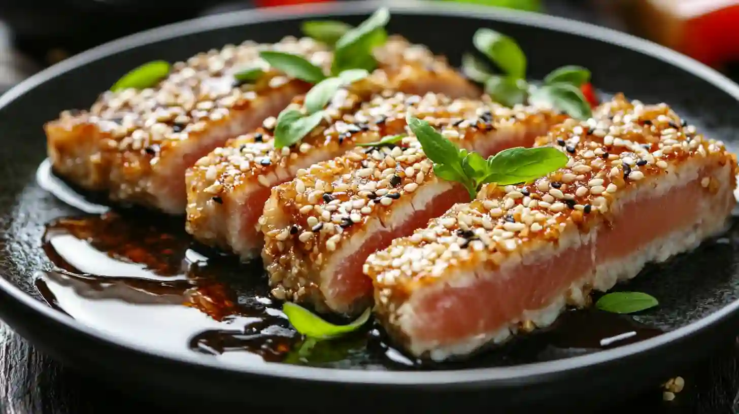Easy Pan-Seared Tuna Steak with Lemon and Herbs 2 Seared tuna steak is a culinary delight that combines a flavorful crust with a tender, often rare, interior. This dish highlights the natural richness of high-quality tuna, offering a satisfying and nutritious meal. The searing process enhances the tuna's inherent flavors, creating a contrast between the crispy exterior and the soft, succulent center. Typically, the tuna is quickly seared over high heat, ensuring the inside remains rare or medium-rare, preserving its delicate texture and taste. This method not only accentuates the fish's freshness but also provides a visually appealing presentation with its vibrant pink center encased by a golden-brown crust.