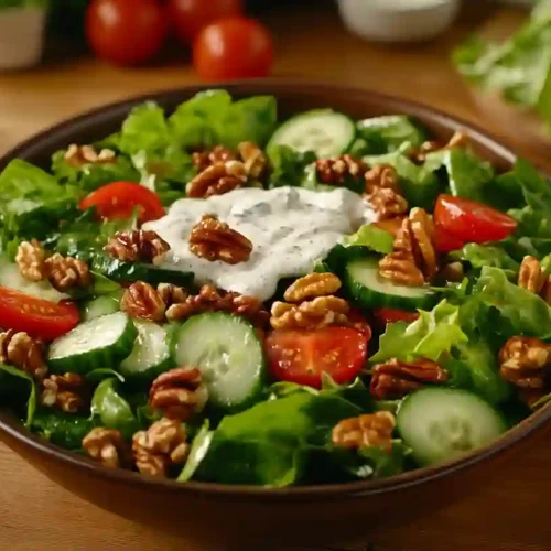 How To Make A Classic Vintage Salad recipe 2 A colorful classic vintage salad recipe with fresh greens, tomatoes, cucumbers, walnuts, and a creamy dressing served in a rustic bowl.