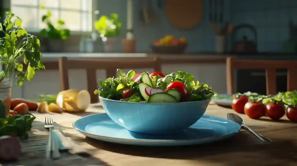 How To Make A Classic Vintage Salad recipe 4 A colorful vintage salad with fresh greens, tomatoes, cucumbers, walnuts, and a creamy dressing served in a rustic bowl.