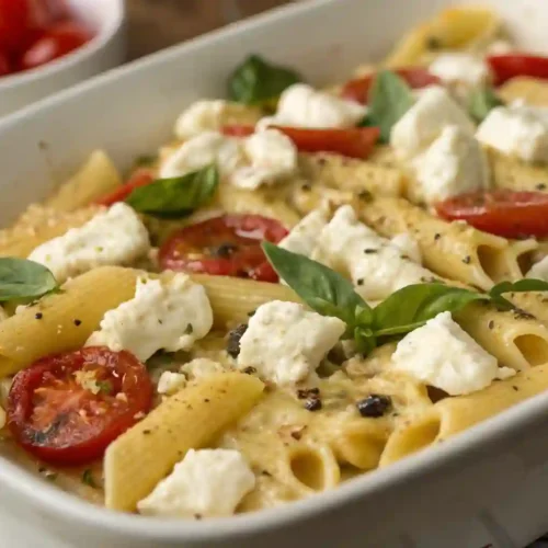 Baked Feta Pasta How To Create Gourmet Dinner Meals At Home 3 A delicious serving of baked feta pasta featuring creamy feta cheese, bursting cherry tomatoes, and perfectly cooked pasta, garnished with fresh basil.