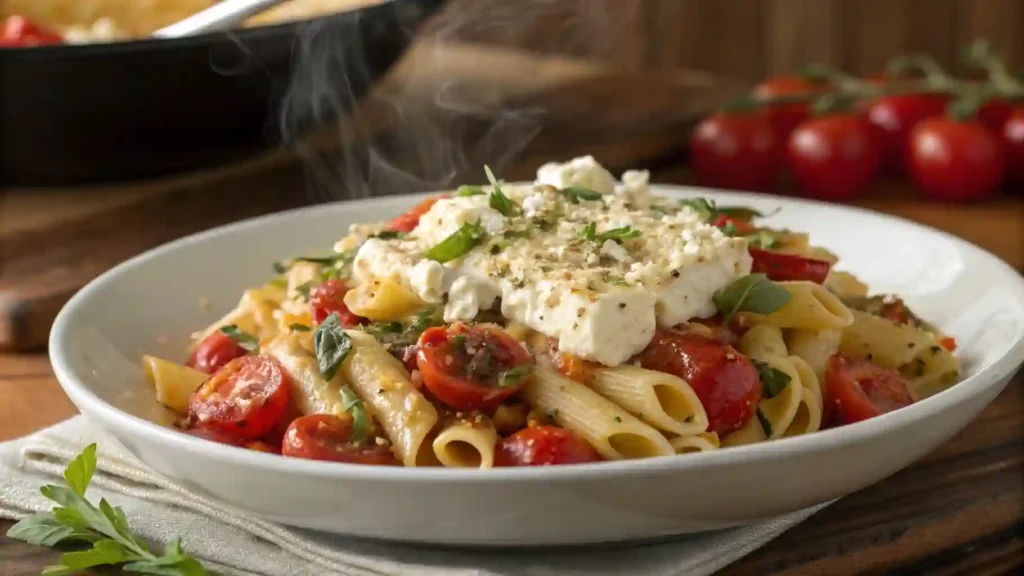 Baked Feta Pasta How To Create Gourmet Dinner Meals At Home 2 A delicious serving of baked feta pasta featuring creamy feta cheese, bursting cherry tomatoes, and perfectly cooked pasta, garnished with fresh basil.